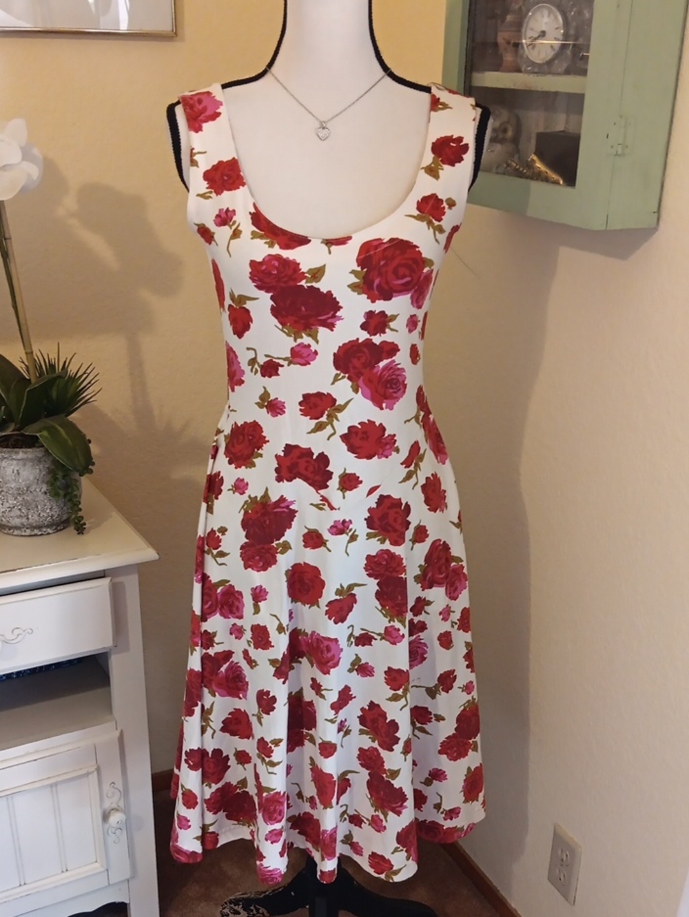 Effies Heart Floral Fit & Flare Dress in White with Red Rose Print. Retro Chic.